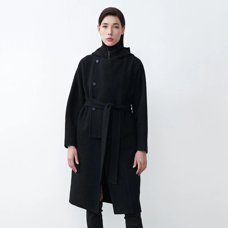 sdeer圣迪奥女装时尚高领连帽收腰拼接长款黑色毛呢大衣S21481848