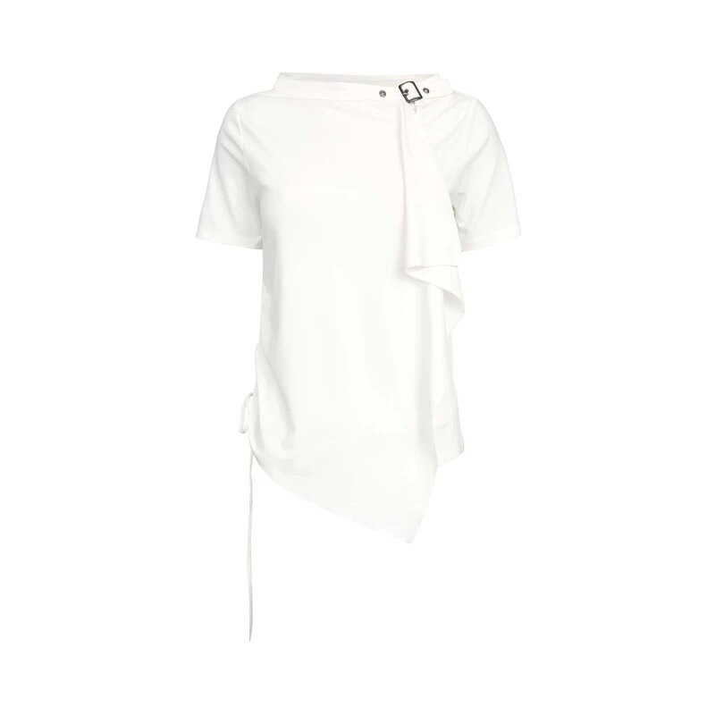 sdeer圣迪奥女装时尚休闲圆领拼接不规则系带短袖T恤S212T0105