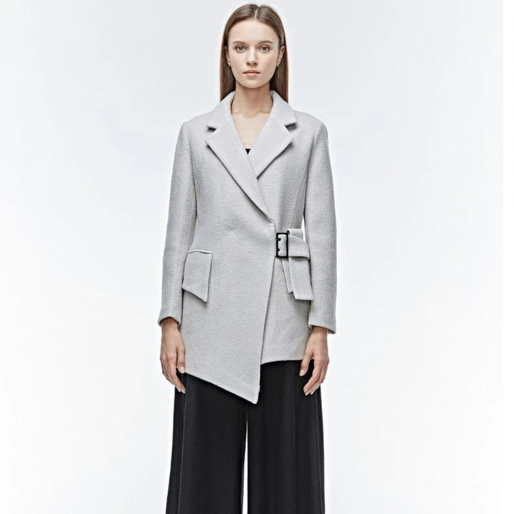 sdeer圣迪奥女装时尚休闲平驳领插袋拼接不规则毛呢风衣S19481758