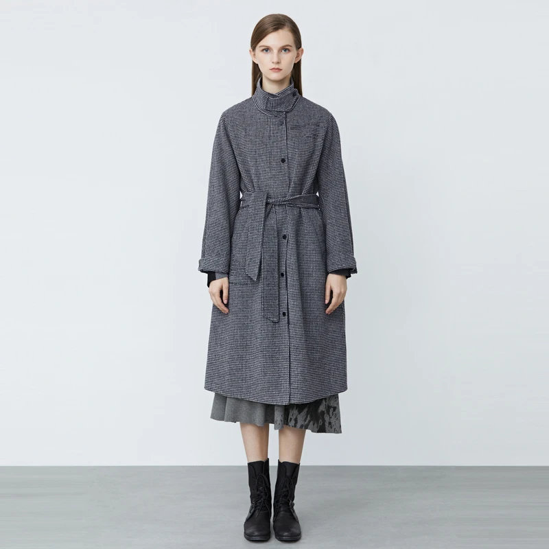 S·DEER圣迪奥时尚复古立领撞色字母收腰格纹毛呢大衣S21461823