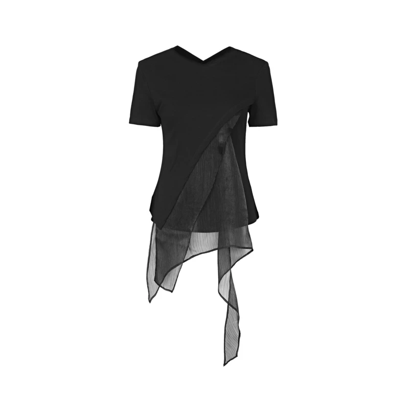 圣迪奥女装夏季时尚气质V领显瘦拼接网纱不规则短袖T恤S22280157
