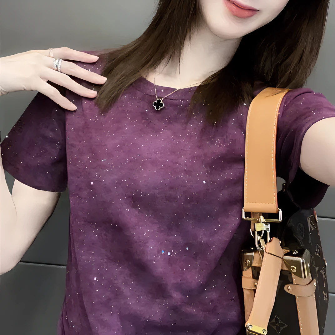 2024夏季清凉新款烫钻短袖T恤修身洋气百搭上衣时尚气质半袖圆领T