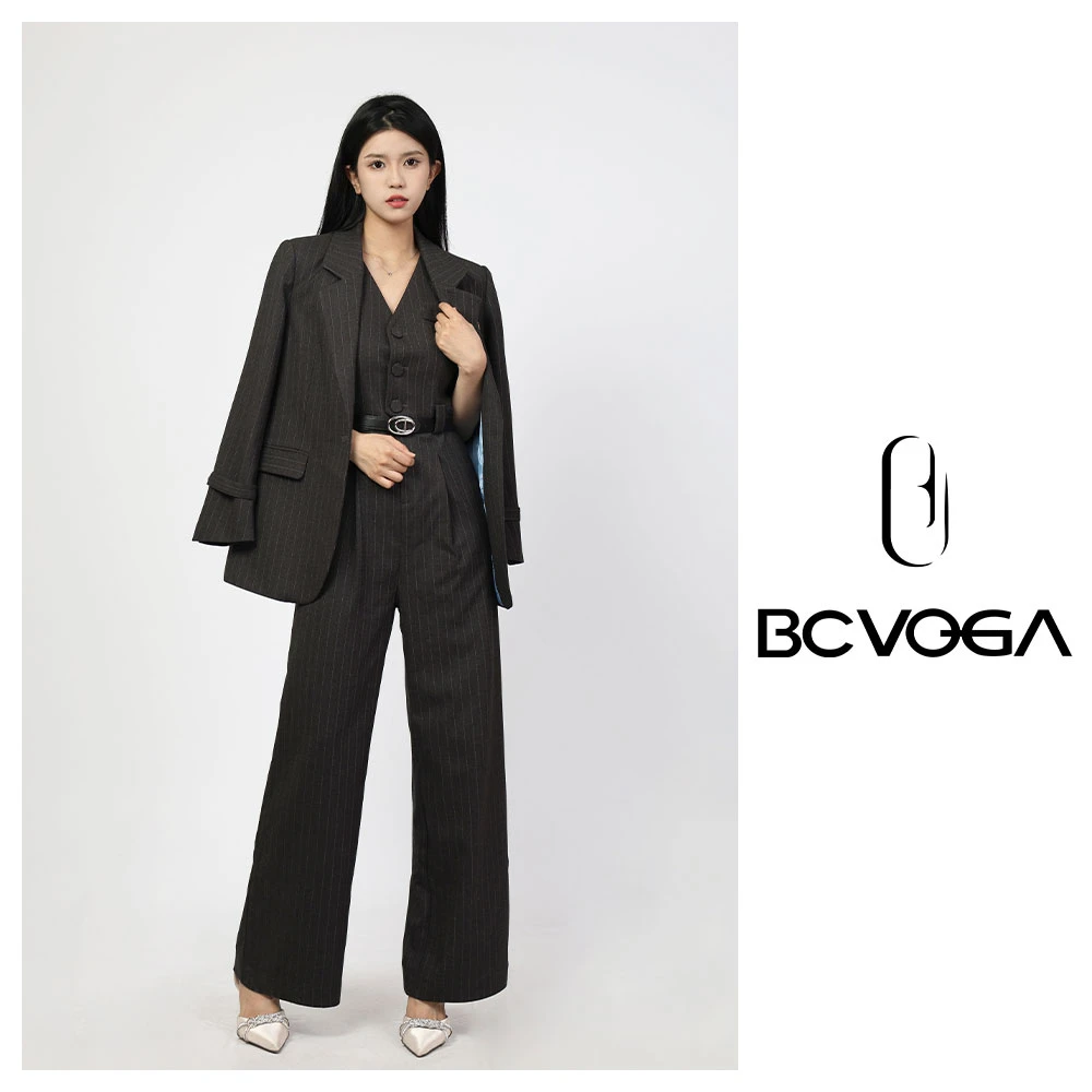 BAISI/百丝时尚气质连体裤 BCTG411006 直筒黑色秋冬修身条纹无袖