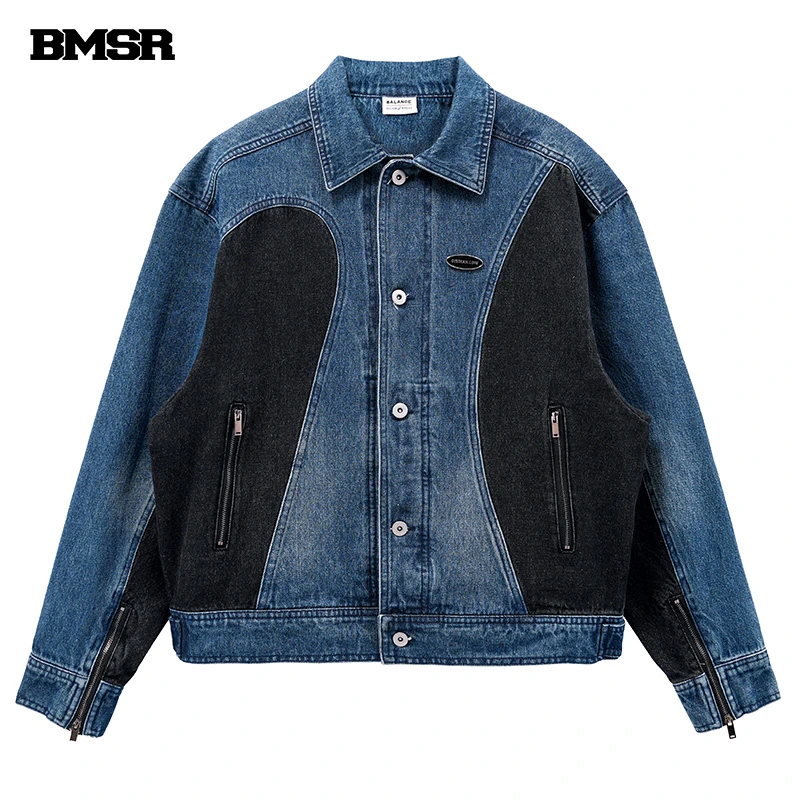 BENMYSHOWER国潮夹克男潮牌宽松复古拼接牛仔蓝色夹克情侣撞色