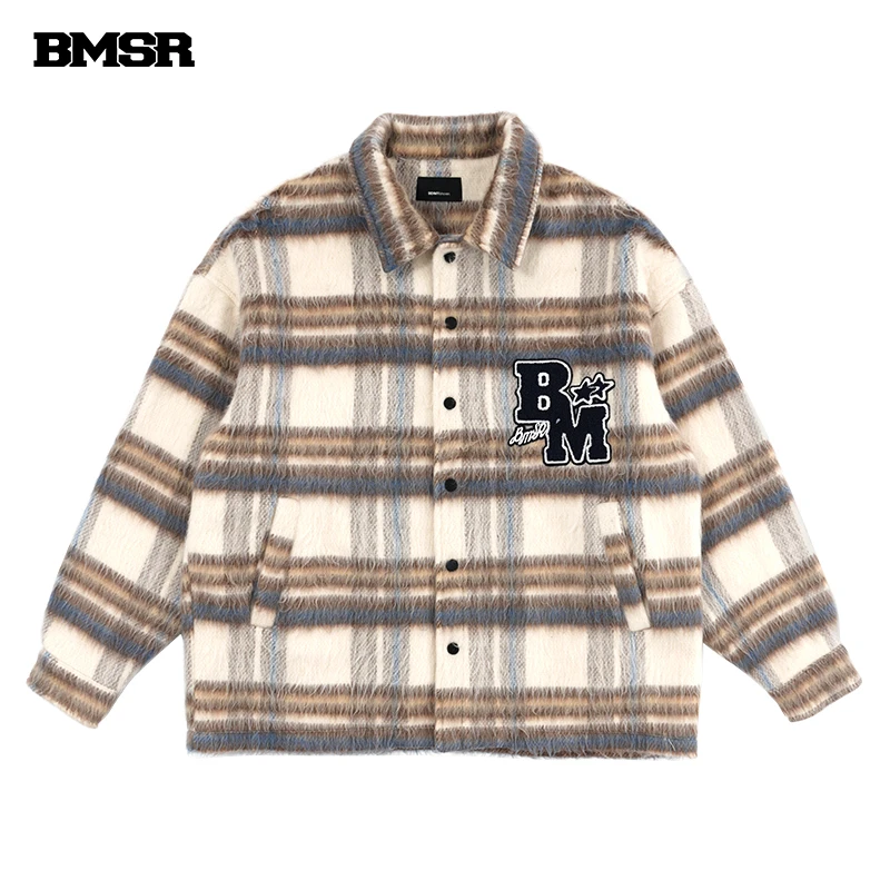BENMYSHOWER国潮美式复古格子呢衬衫外套时尚潮牌夹克秋冬情侣