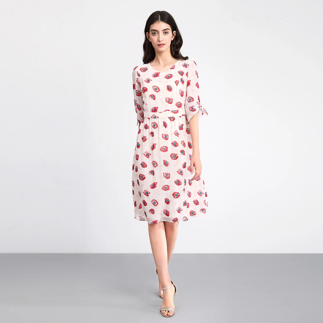 花卉图案珠钻饰收腰修身百搭舒适连衣裙AI1009E1