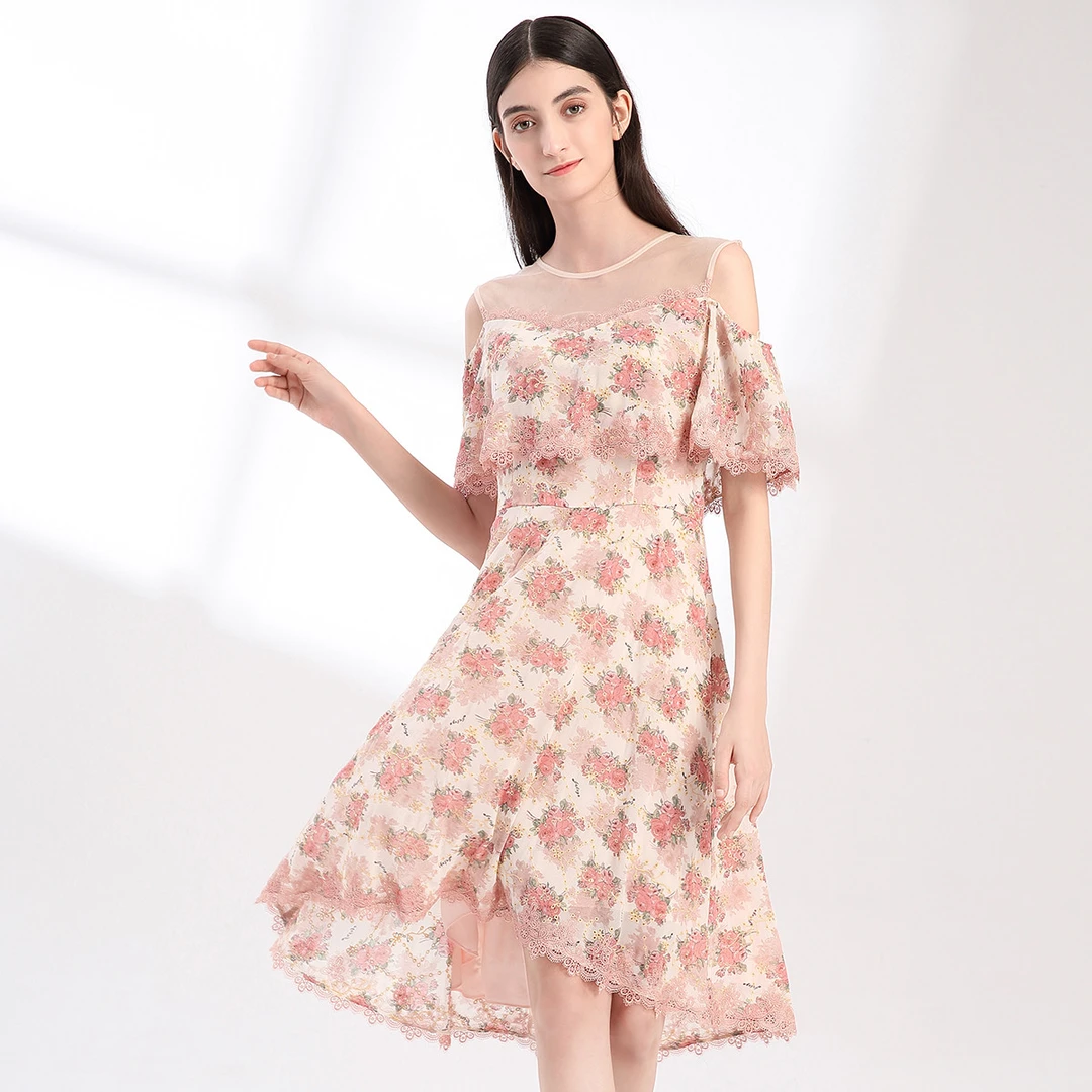 JETEZO/裘堤婼印花拼接收腰修身前短后长气质连衣裙BQ1067E1