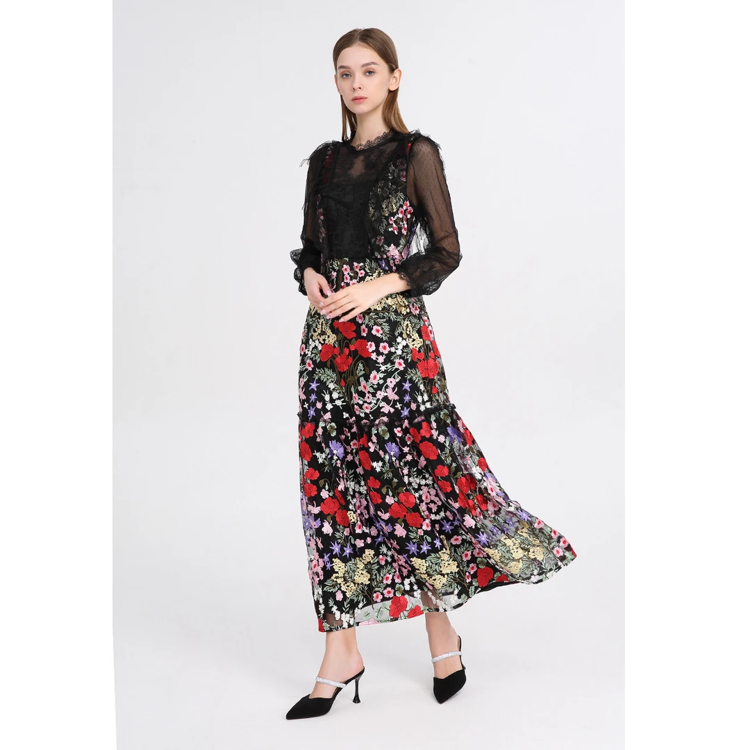 JETEZO/裘堤婼蕾丝碎花气质长款修身洋装BQ3501E1