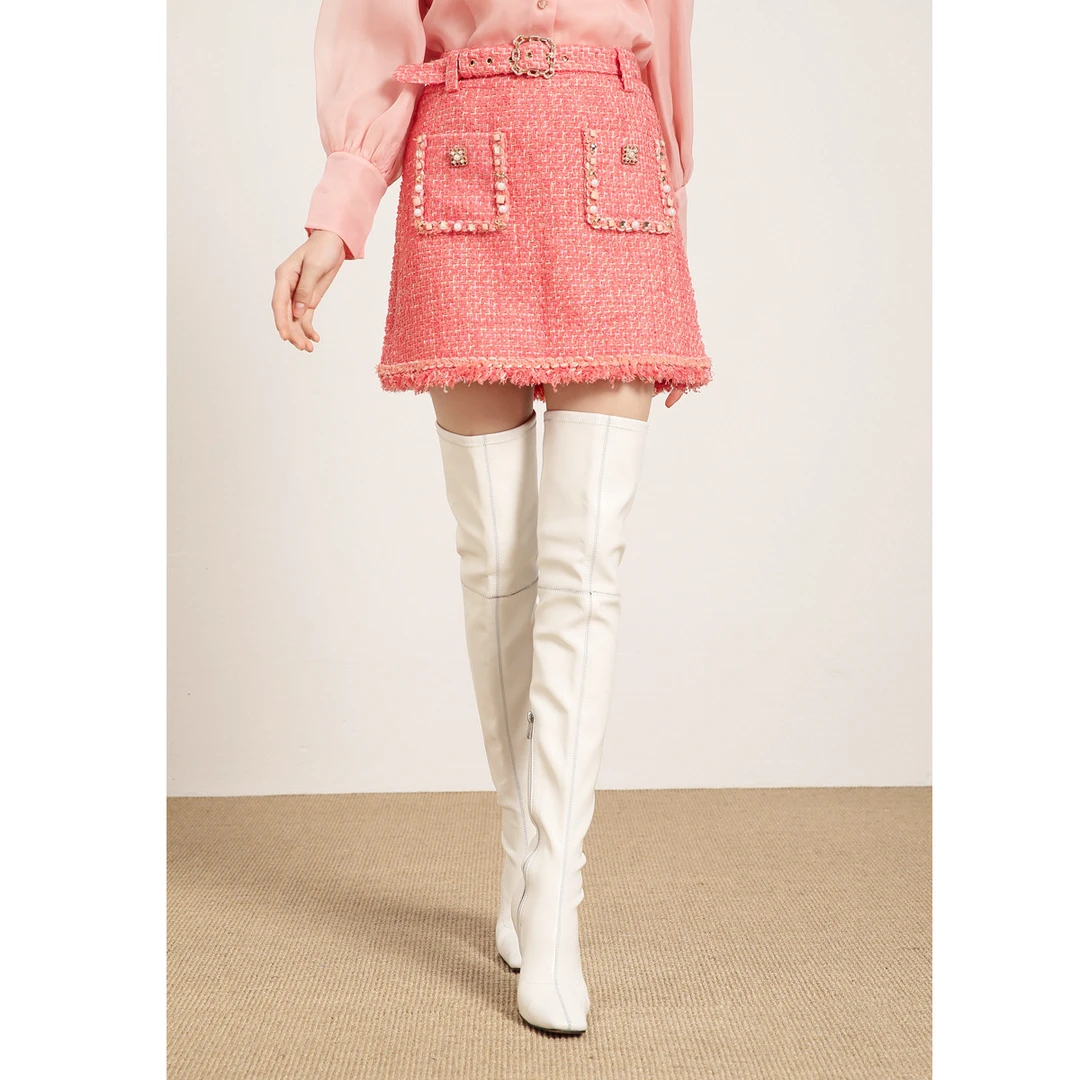 【小香风粗花呢A字裙】JETEZO秋腰带收腰钉珠半截裙BA1AA008C1