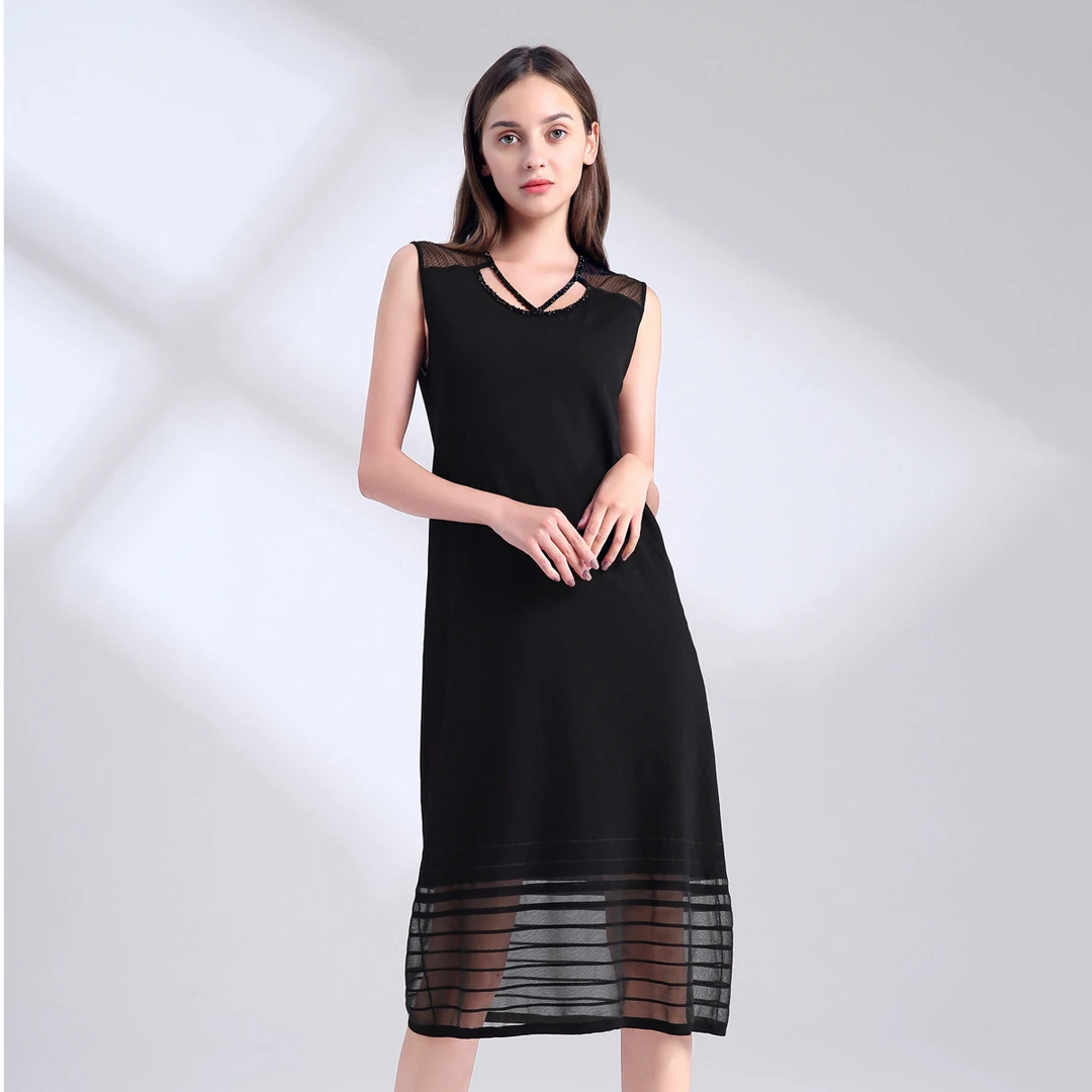 JETEZO/裘堤婼夏季气质显瘦针织直筒无袖连衣裙BA1201E1