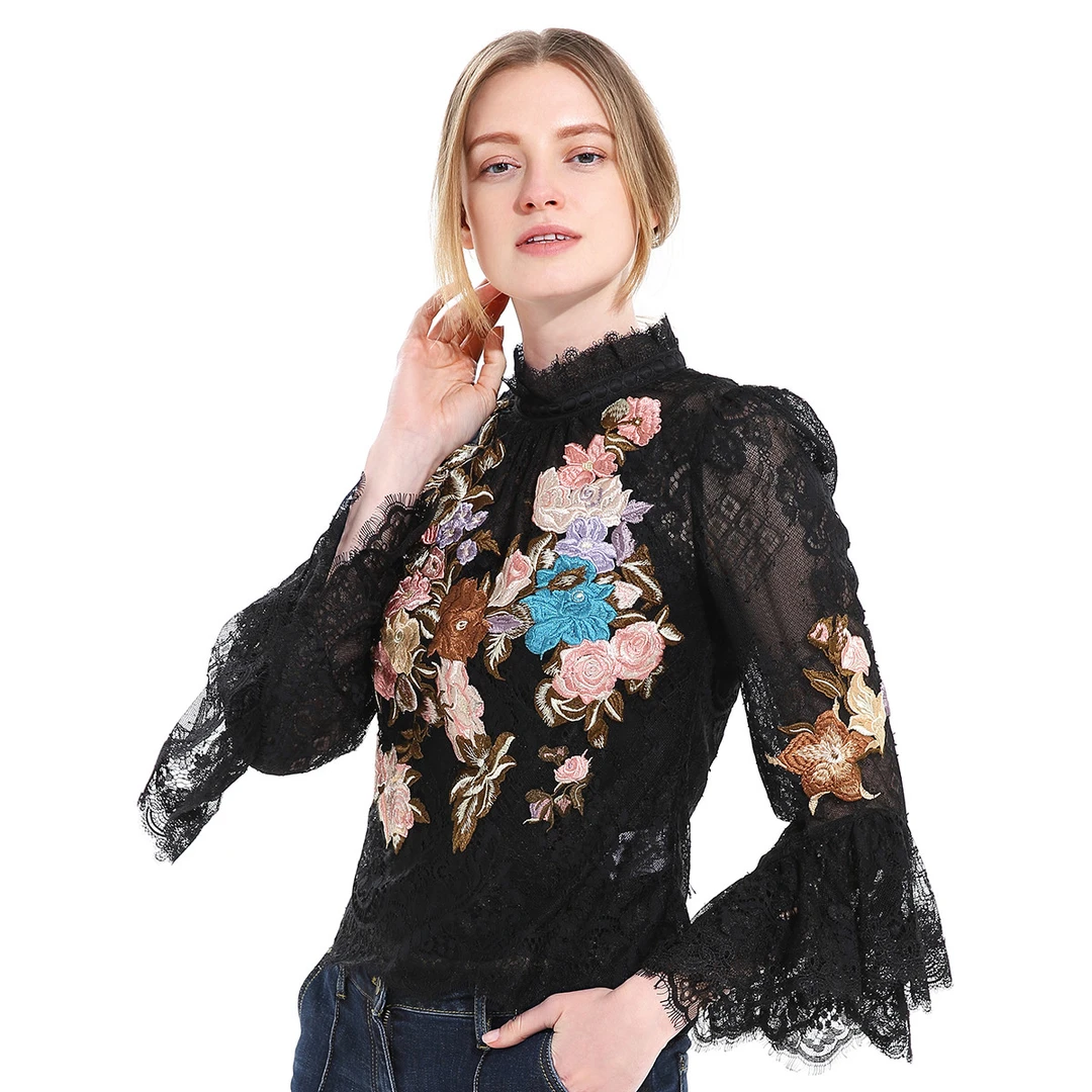 JETEZO时尚蕾丝贴布刺绣喇叭袖两件套女式T恤81516A1