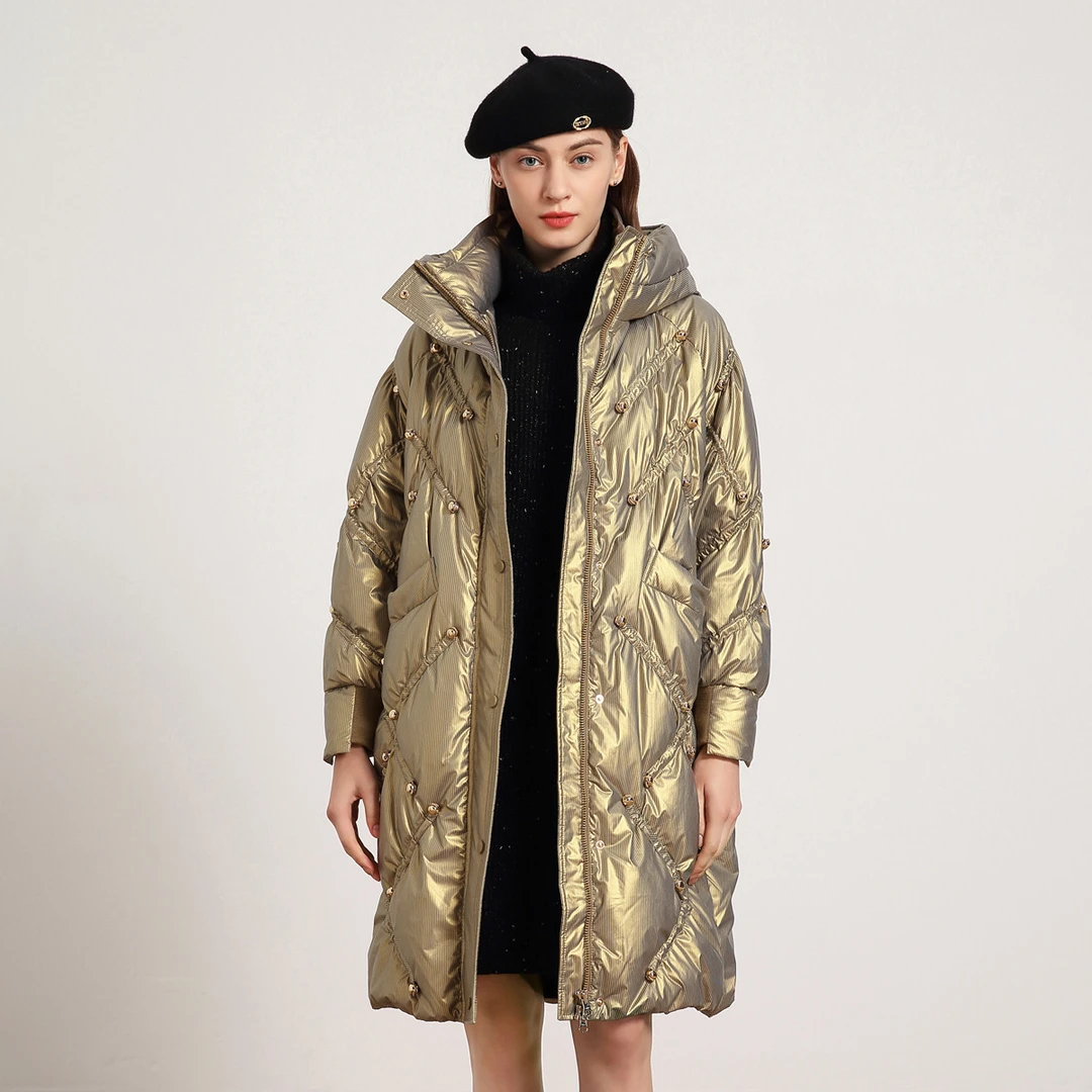 【亮面条纹立领连帽羽绒】JETEZO冬抽绳鹅绒中长外套BA1HC437D1