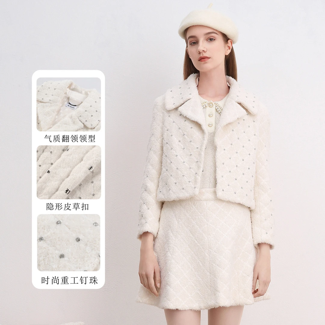 【法式小香风】JETEZO秋冬时尚钉珠格纹翻领气质短款外套BB1HA080D1