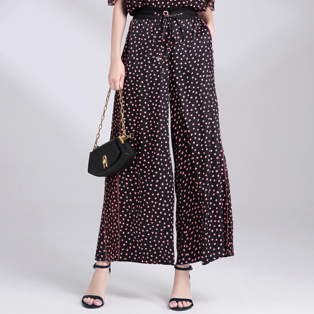 JETEZO夏季时尚波点蕾丝贴边阔腿裤百搭舒适女休闲裤BA3111B1