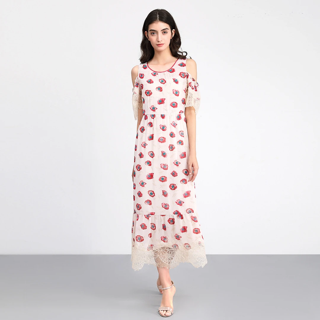 JETEZO/裘堤婼优雅蕾丝拼接露肩袖收腰修身气质连衣裙AI1006E1