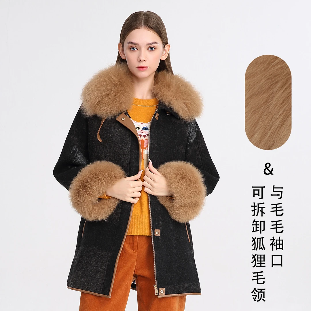 JETEZO时尚保暖狐狸毛领羊毛中长款女式毛呢大衣BQ1626D1