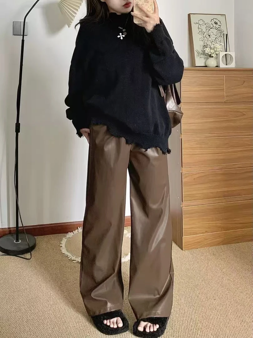 新款皮裤阔腿裤直休闲秋款高腰时尚百搭秋季网红显瘦棕色纯色