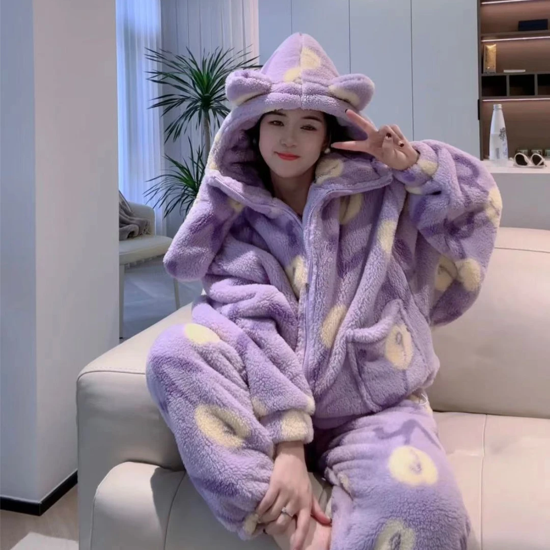 冬季加厚泡泡绒2件套情侣装韩版保暖冬季外穿家居服连帽冬加绒