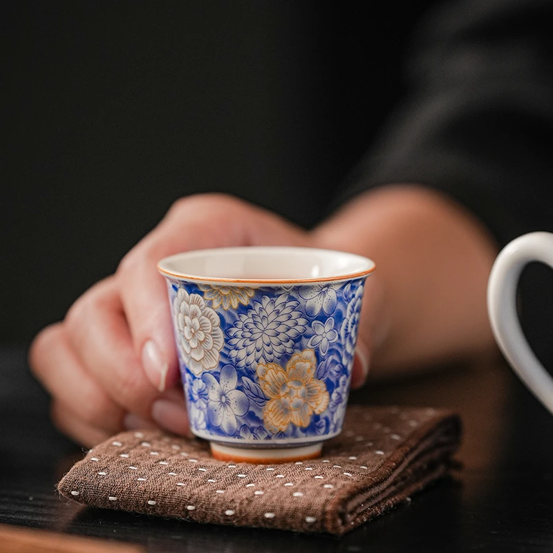 万花草木灰茶杯中式家用功夫复古高档建盏茶杯功夫茶具满彩品茗杯