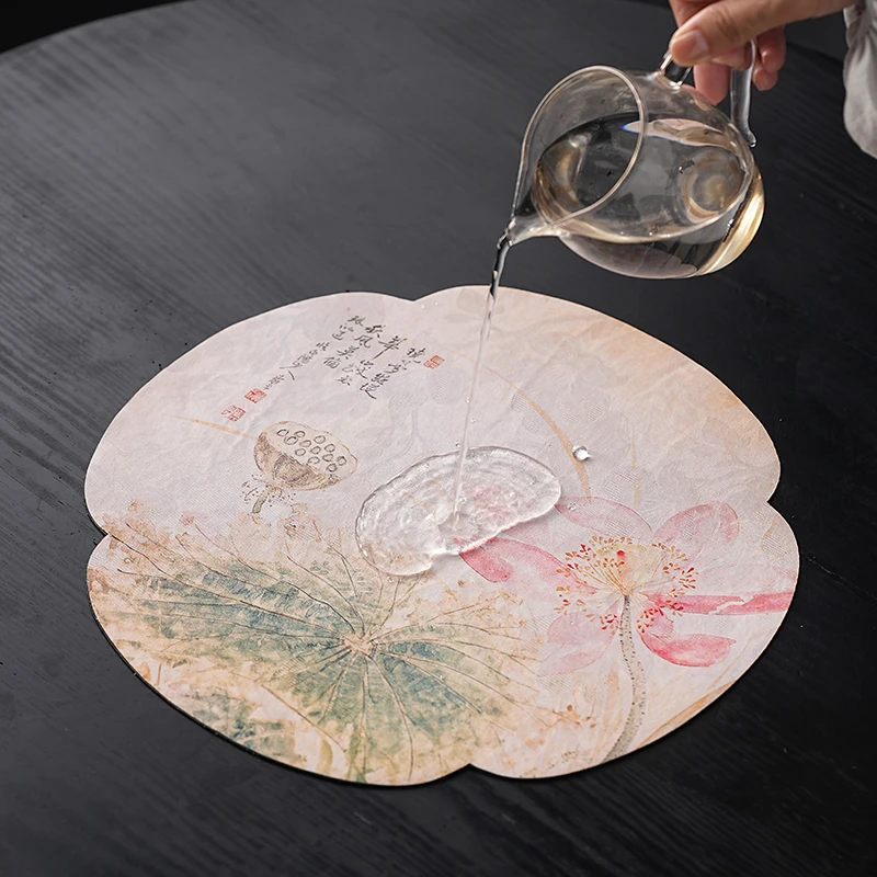 荷韵中国风单面茶席茶道配件家用茶垫干泡茶隔热垫莲花盛开桌垫