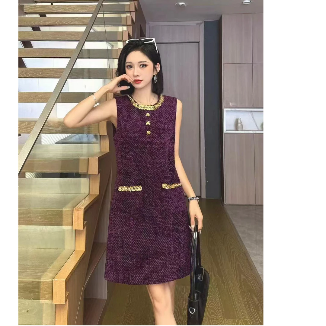 2024秋季时尚轻奢气质修身名媛无袖提花显瘦百搭小香风连衣裙网红