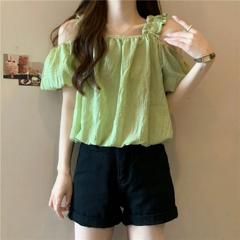 法式甜美一字肩泡泡袖衬衫夏季气质显瘦露肩锁骨小众设计感上衣