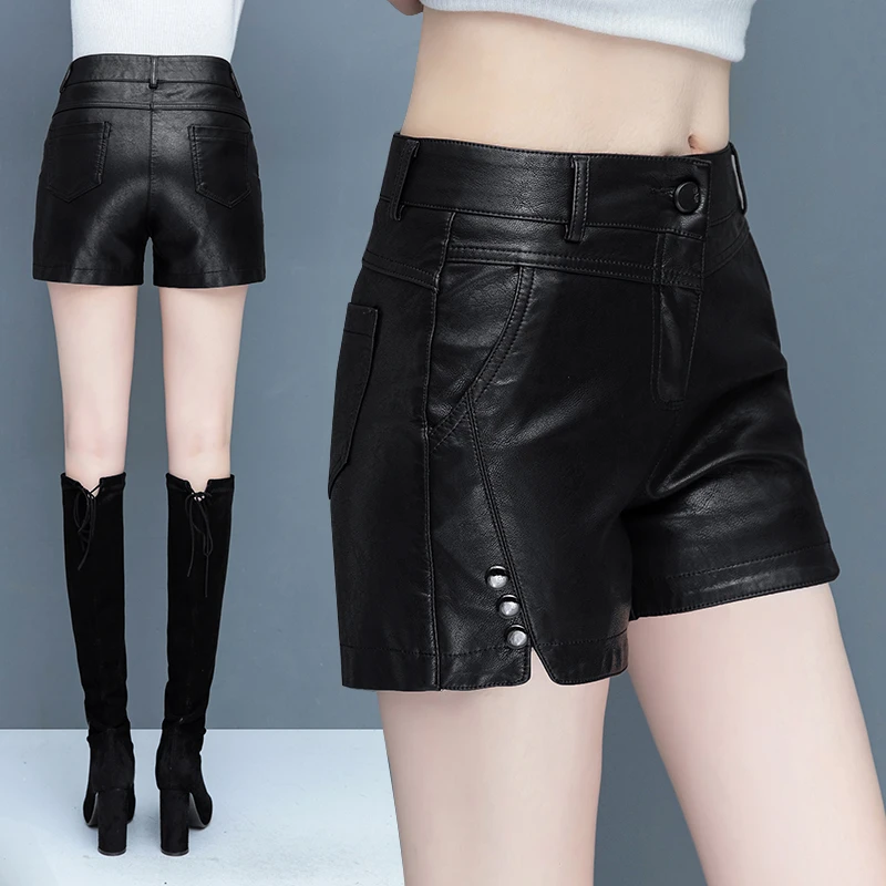 秋冬高腰短裤女打底外穿大码显瘦皮短裤百搭修身显瘦时尚直筒靴裤