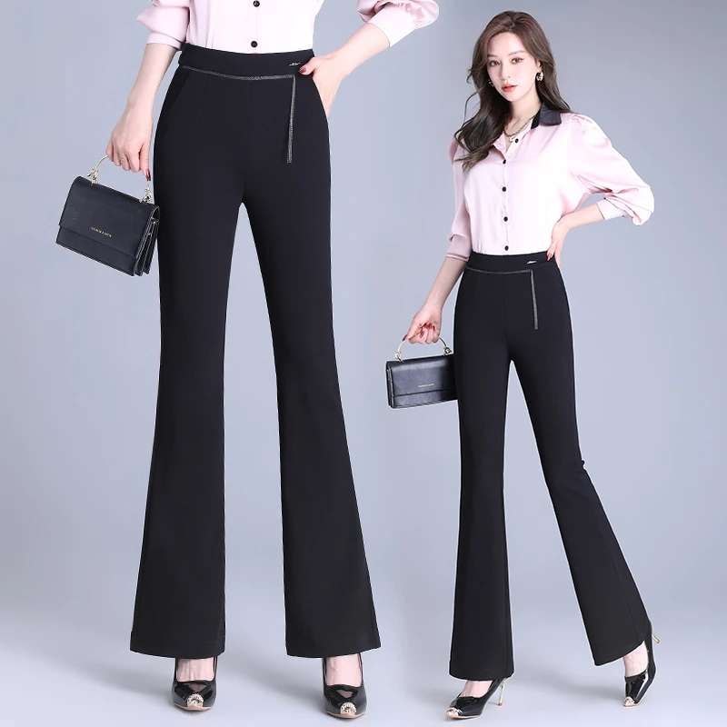 设计腰头气质松紧腰直筒微喇休闲裤女2024年显瘦高腰时尚黑色春秋