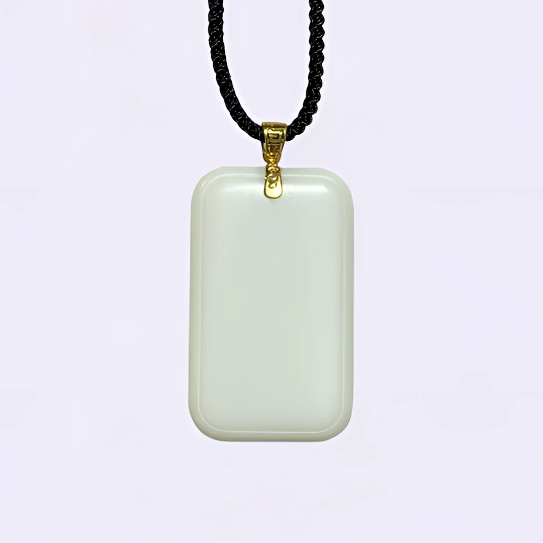 18k金镶嵌 和田白玉无事牌 吊坠 带礼盒