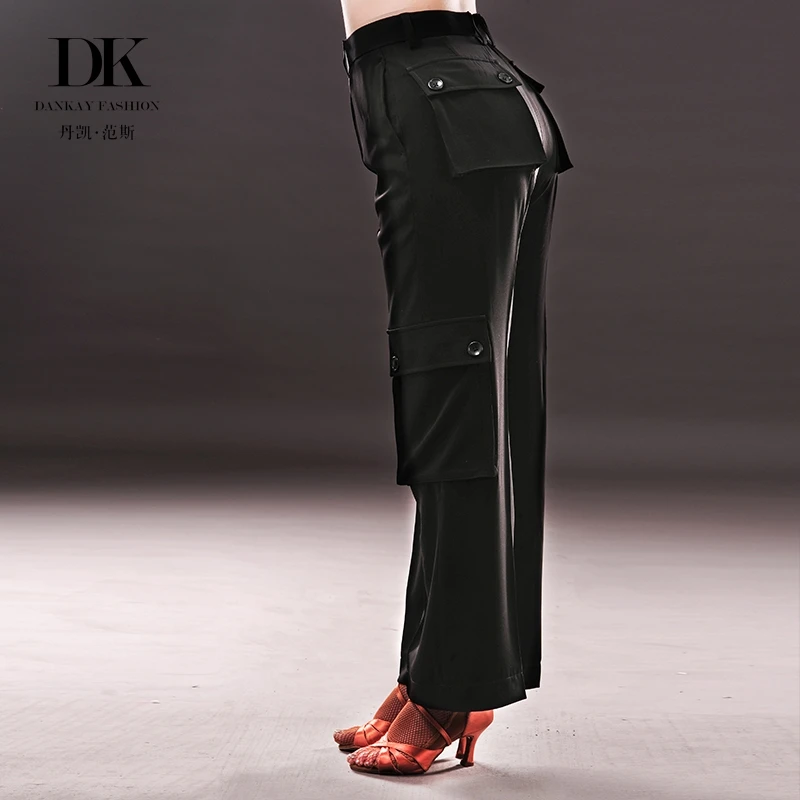 丹凯春秋中厚多袋裤工装裤运动休闲裤男女同款国标拉丁摩登舞裤黑