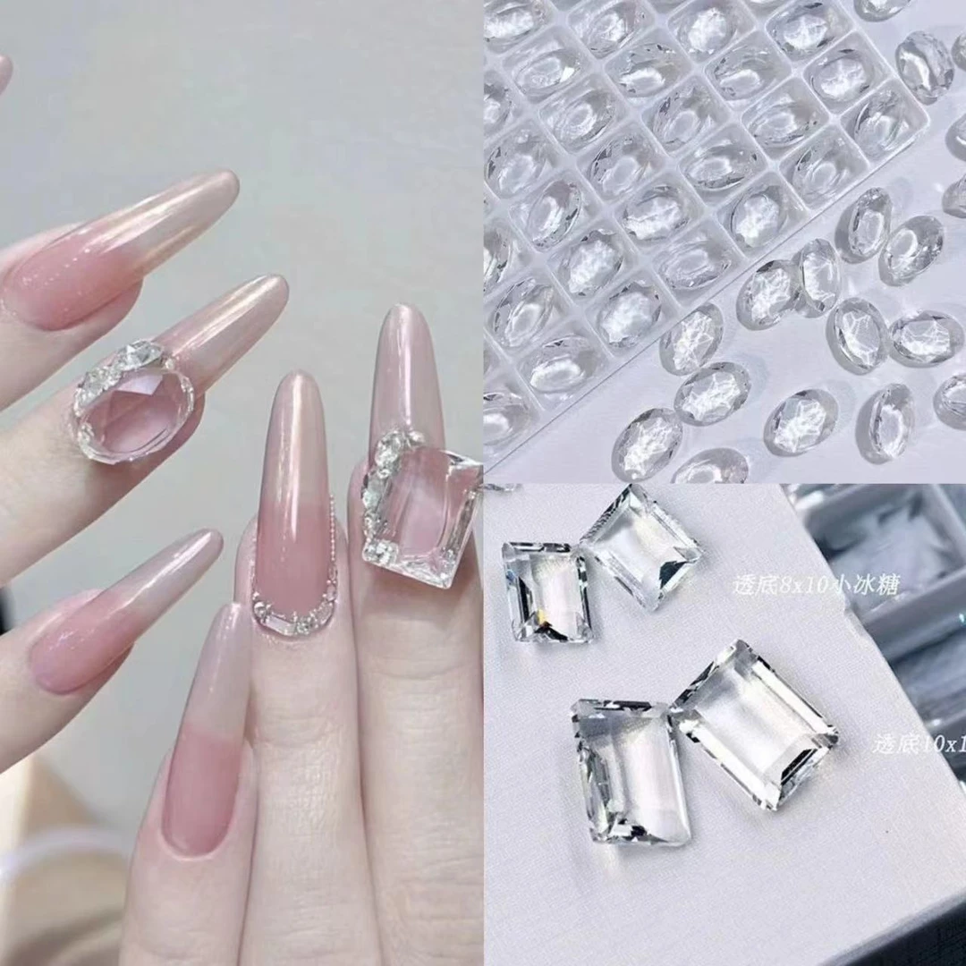 高级感透底鸽子蛋美甲饰品冰糖直角爆款美甲透明钻冰透方糖尖底钻