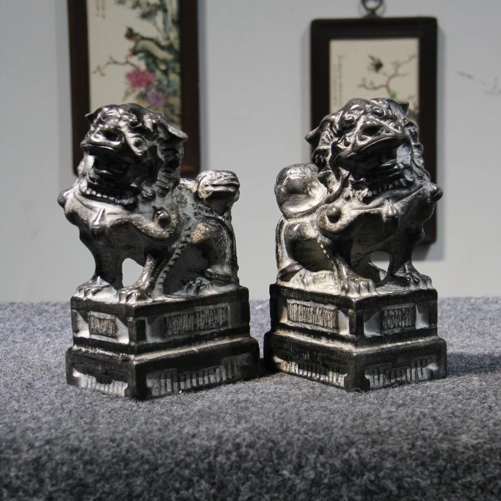 山西青石石雕桌面造景摆件动物中式狮子工艺品（迎宾子母狮17CM）