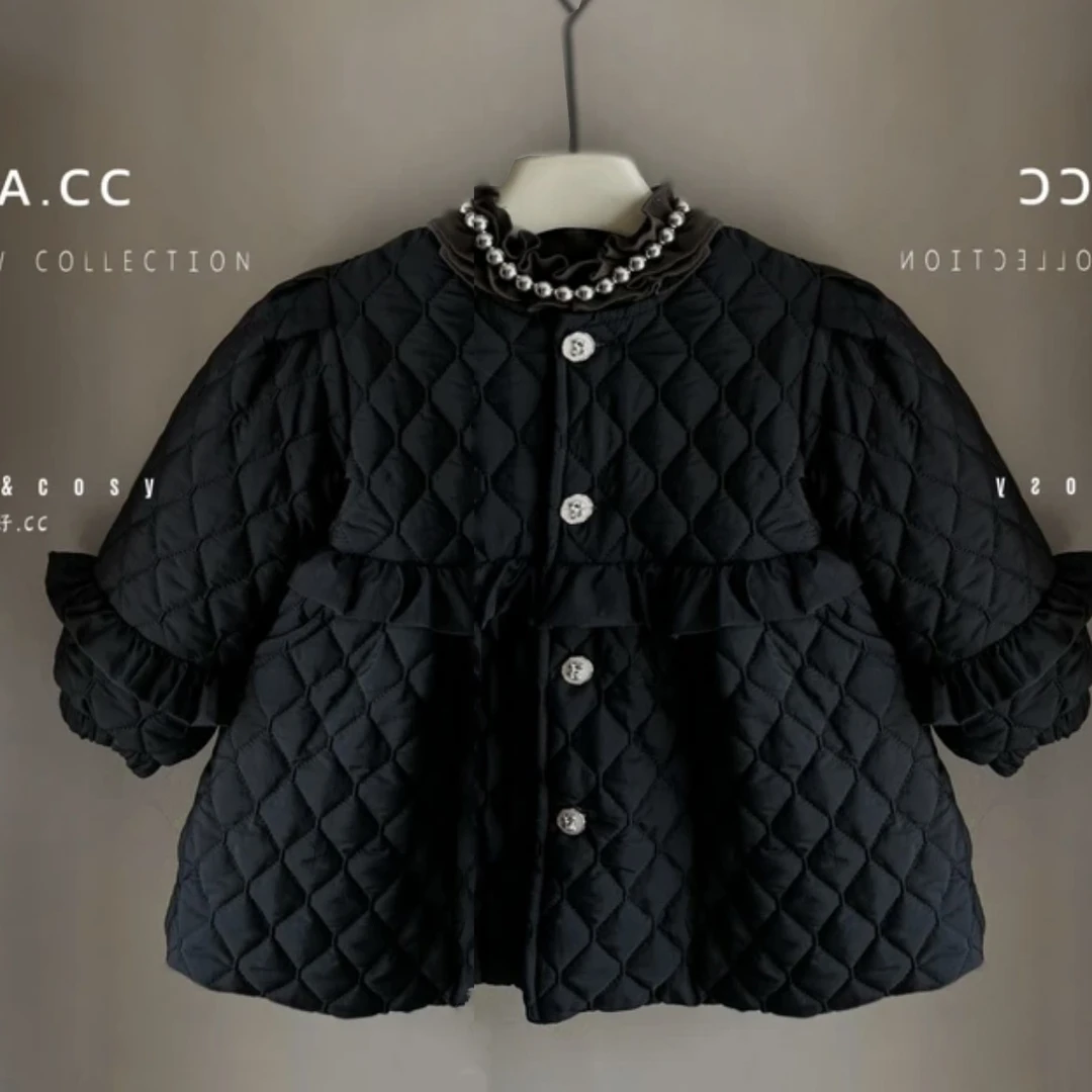 黑色月光女童夹棉加厚外套2024冬装新款小香风洋气棉衣保暖棉袄潮