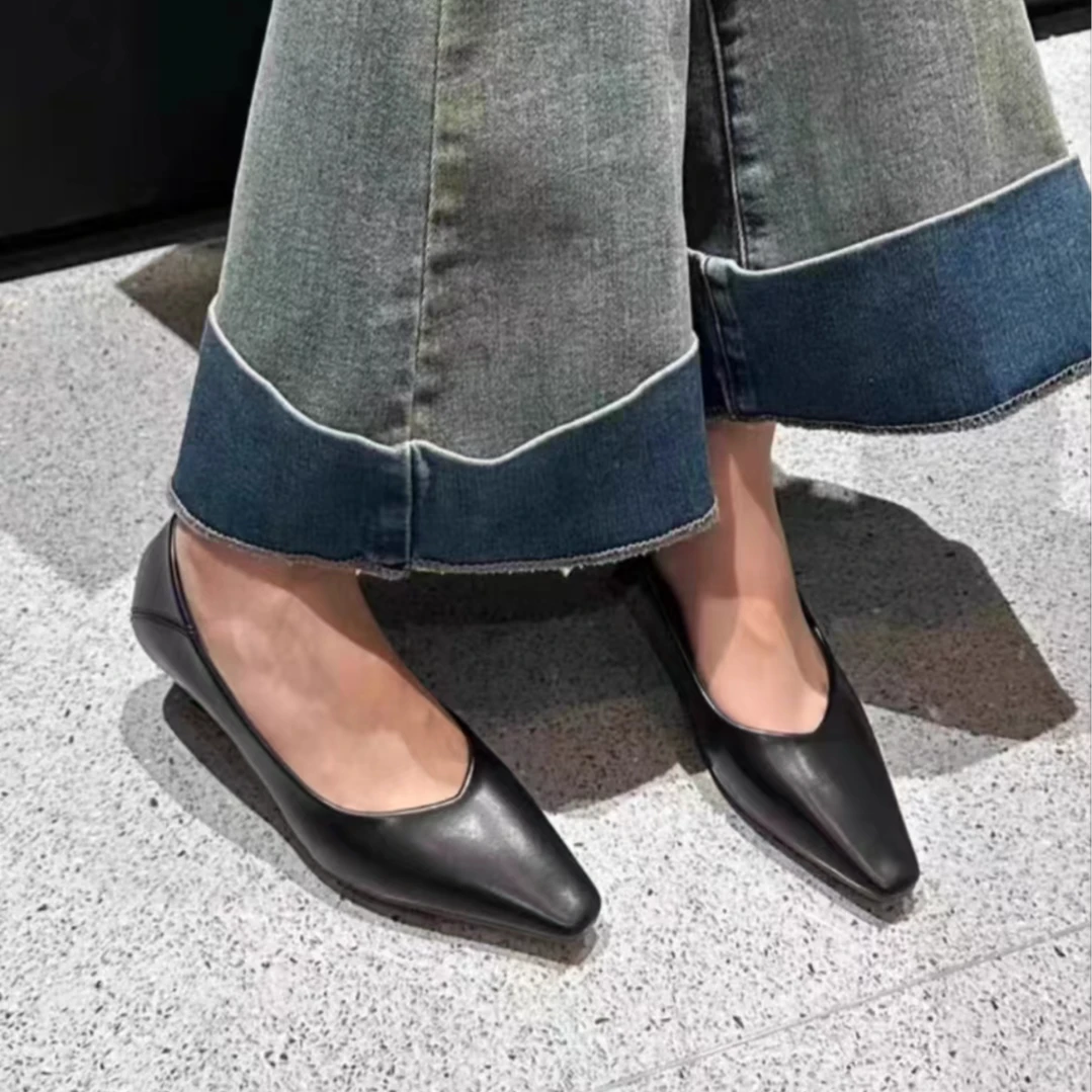 新款百搭法式细跟小方头温柔中跟单鞋688-05