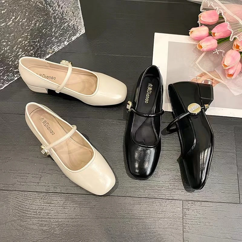 新款时尚百搭法式粗跟方头浅口温柔中跟单鞋玛丽珍246025