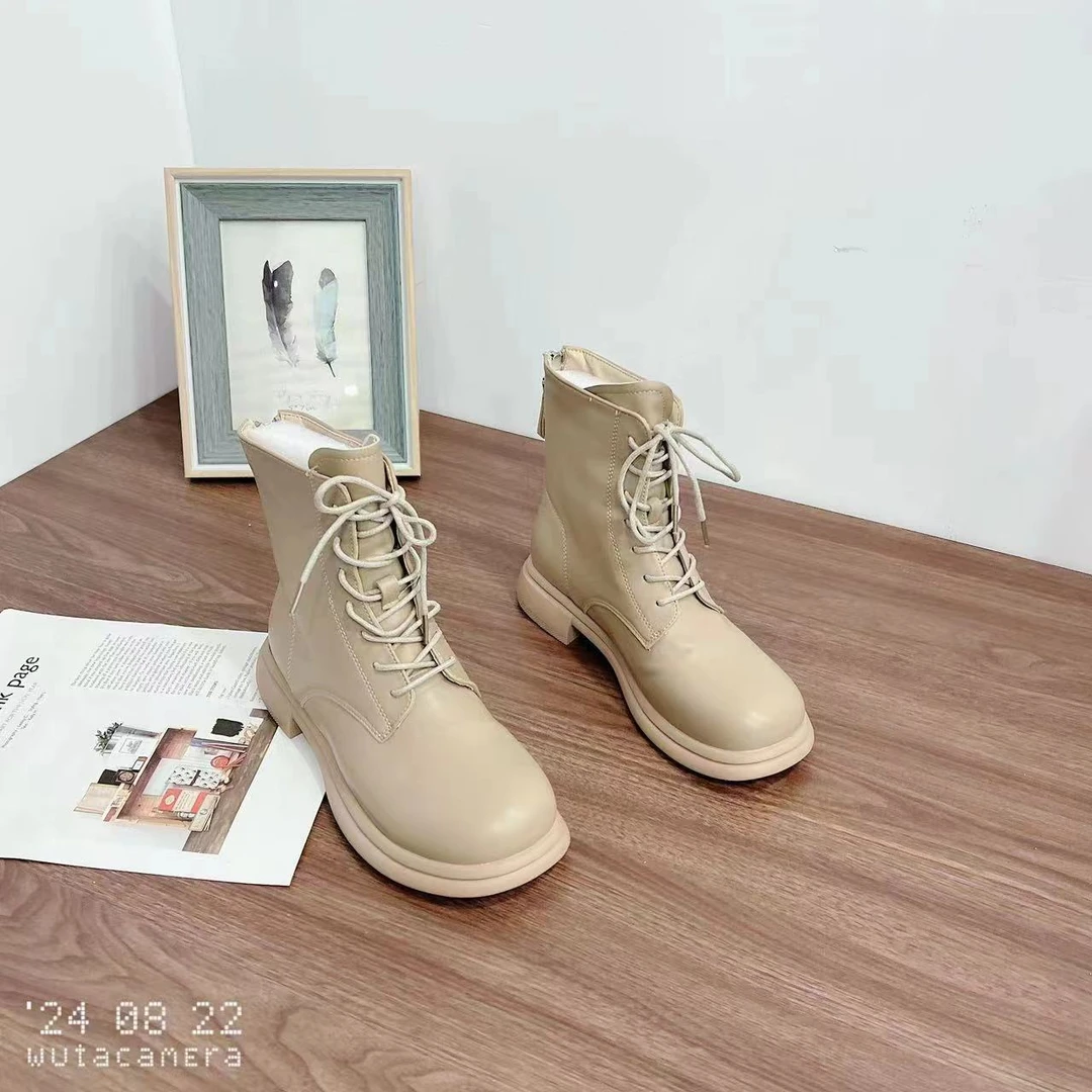 新款时尚秋靴厚绒靴子女时尚粗跟圆头女短靴H24180