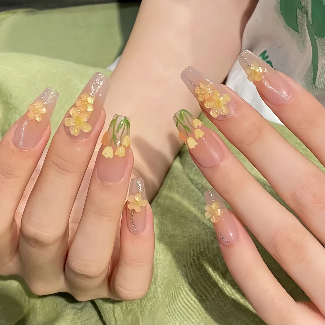 【长款】立体郁金香冰透光疗显白穿戴美甲可拆卸一盒20多片S81