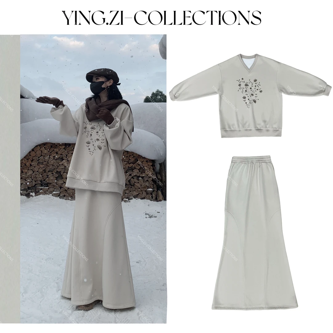 Ying-Zi【蒲公英】加绒刺绣V领休闲卫衣套装裙