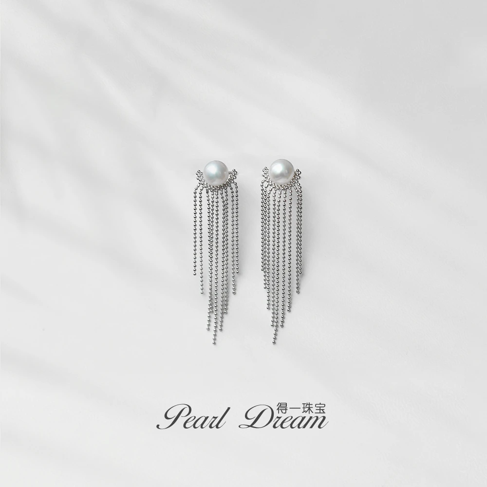 PearlDream淡水珍珠银S925流苏耳环爆亮流苏耳饰礼物百搭8-9mm