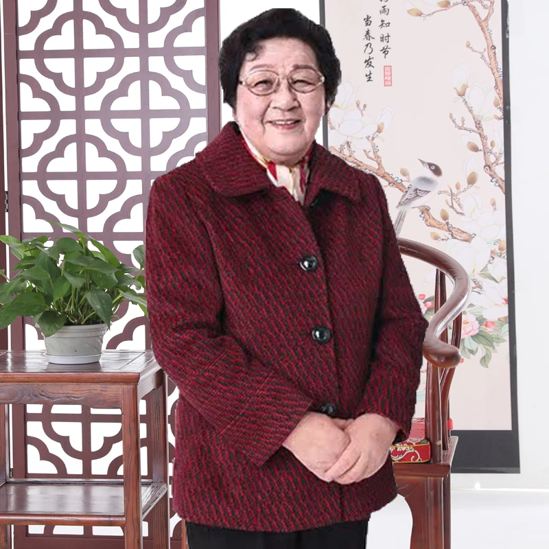 奶奶春秋冬毛呢子外套2024新款60岁80老年人妈妈毛呢老太太上衣女