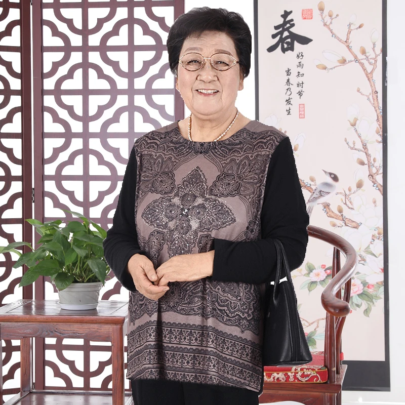 老年女装妈妈奶奶夏季花色长袖T恤衬衣小青新衬衫60-70岁大码衣服