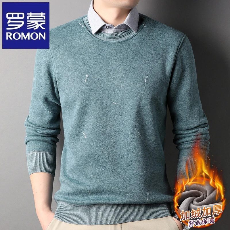 Romon/罗蒙【加绒加厚】秋冬季衬衫领假两件男士毛衣针织衫宽松上衣