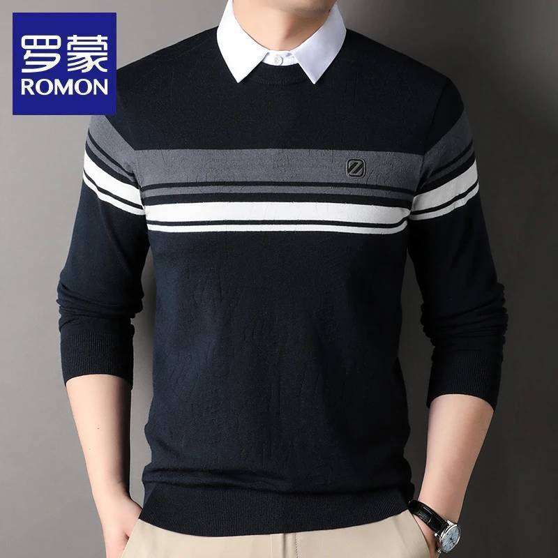 下架春秋季新款男士假两件毛衣韩版时尚百搭休闲针织衫宽松上衣潮