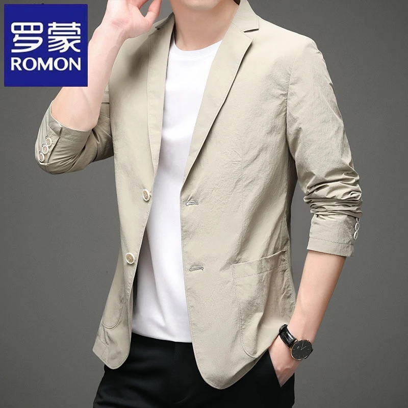 Romon/罗蒙【正品】男士休闲西服春秋新款纯色薄西装单西外套上衣潮