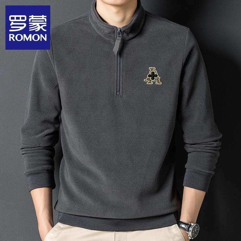 【摇粒绒】罗蒙秋冬季男士休闲上衣加绒加厚保暖套头长袖立领卫衣