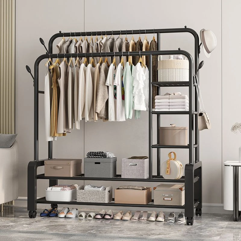 双杆衣架落地立式挂衣架加粗双排晾衣架室内衣帽架可移动晒衣架子