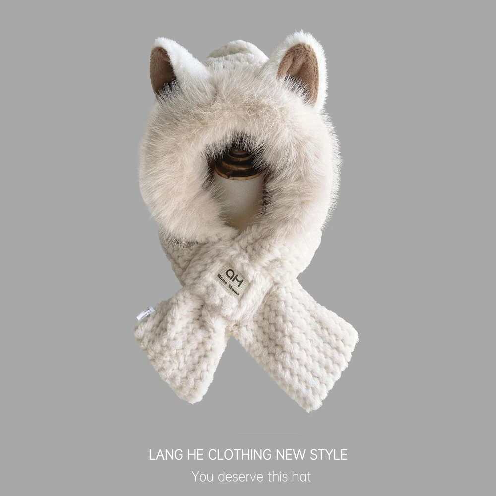 小狐狸毛绒两件套围巾帽子套装学生秋冬可爱冬季女防风护耳保暖帽