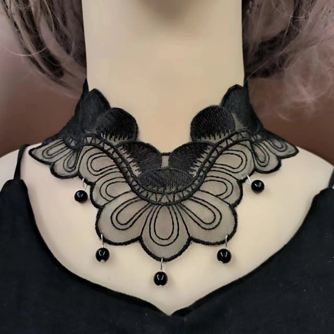 新款黑色蕾丝假领子花边衣领装饰镂空蕾丝项链手工薄款围脖女士