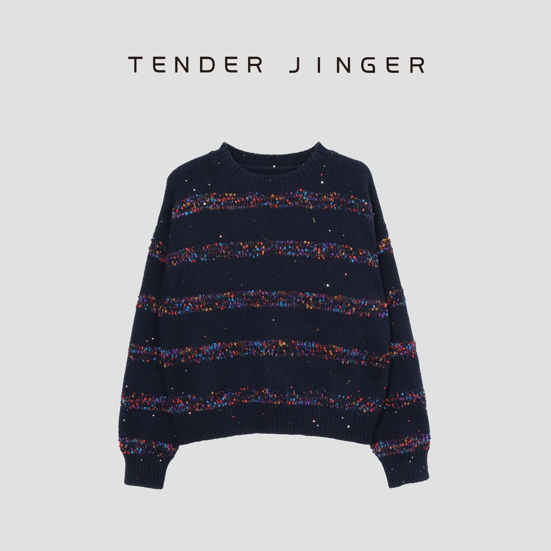 Tender Jinger【专柜】圆领嵌花羊毛混纺长袖针织衫T44SZZ79129