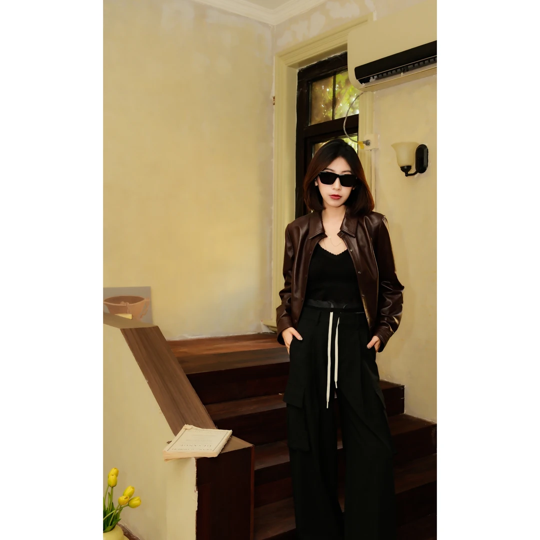 【黑标】经典修身气质百搭翻领皮夹克T43MDD77546